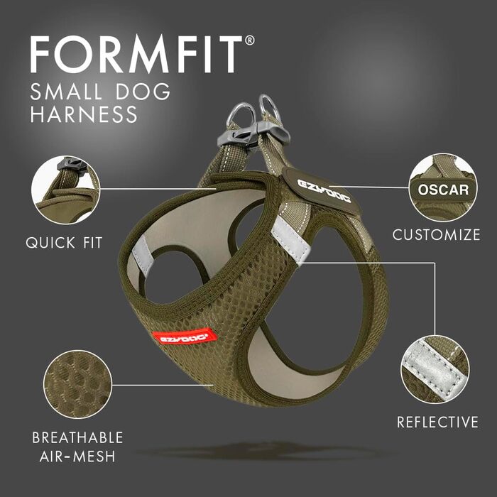 Шлейка для собак EzyDog FORMFIT для маленьких собак – дихаюча сітка 3D Air Mesh, легка, регульована, з відбиваючими елементами та міцним D-подібним кільцем (XS, Червона)