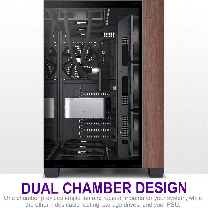 Корпус ПК FOIFKIN M09 ATX з дерев'яною передньою панеллю з горіха, без RGB вентиляторів, Type-C, чорний, Mid-Tower для ігор