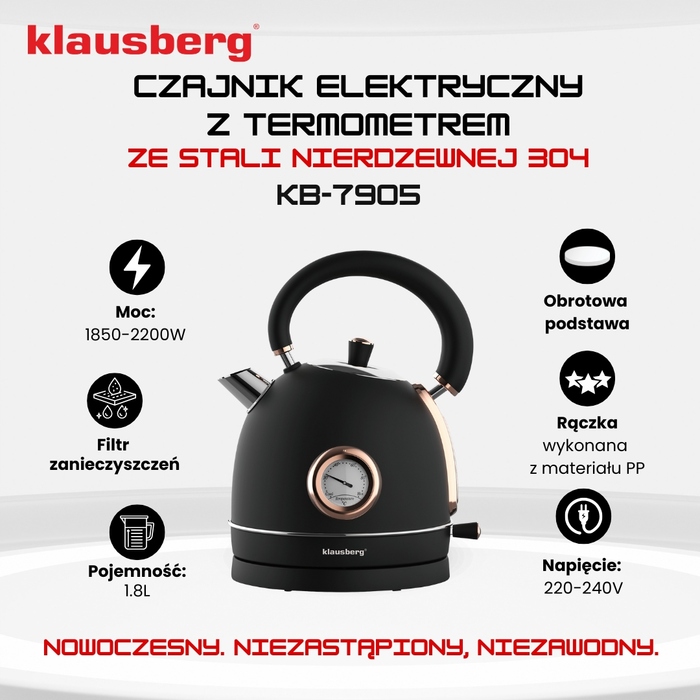Електричний чайник Klausberg KB-7905, 2200 Вт, 1,8 л, чорний