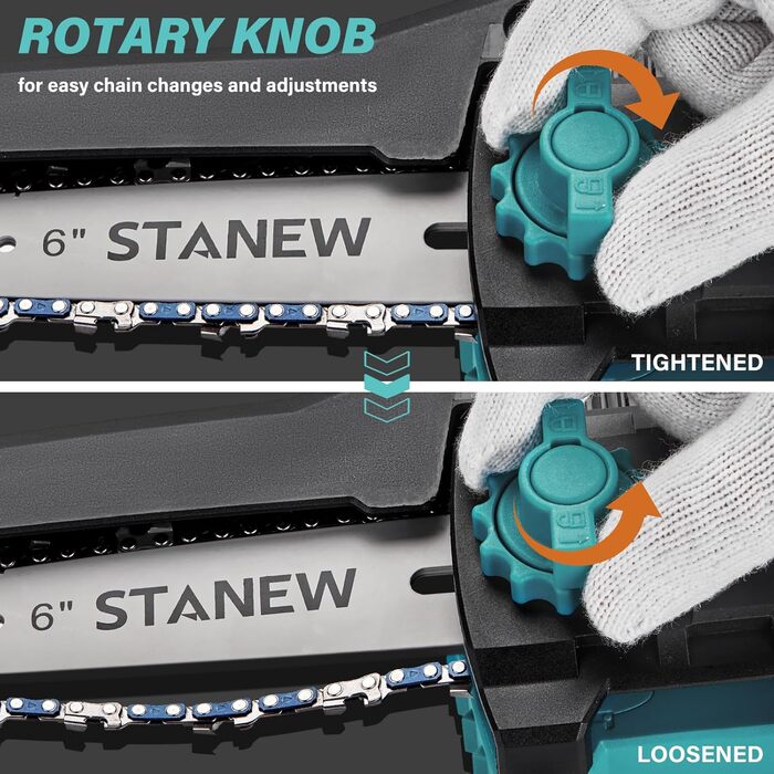 Міні-бензопила STANEW з 2 акумуляторами 2000mAh та зарядним пристроєм, 6 та 8 дюймів, 600W безщітковий двигун, для догляду за садом, обрізки дерев та роботи з деревом. Стандартна комплектація