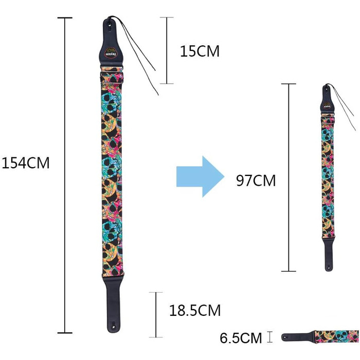 Гітарний ремінь Rayzm для акустичної, електрогітари та бас-гітари з баскліком та дизайном черепа, 6.5 см, для дорослих