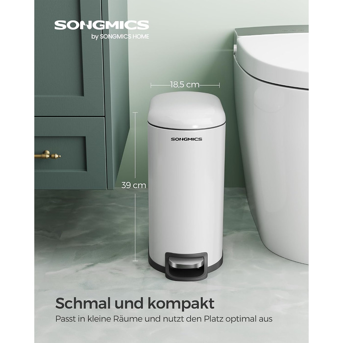 Сміттєвий кошик для ванної кімнати SONGMICS ISLAND LTB10WT, 10 л, з кришкою та системою Soft-Close, сталевий, білий