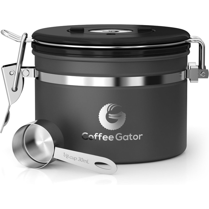 Контейнер для кави Coffee Gator з нержавіючої сталі - зберігає каву свіжою довше. З датою розкриття, CO2-вентилем та мірною ложкою. Маленький, сірий.