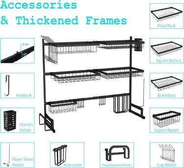 Сушарка для посуду на мийку, 3-ярусна, нержавіюча сталь, регульована (84-102 см), велика сушарка для стільниці (чорна)
