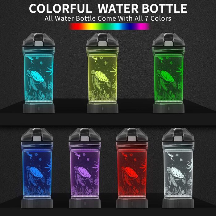 Kids' Water Bottle with 3D Glowing Turtle, LED Light – Tritan, BPA-Free, Creative, Ideal as a Travel Mug, Gift for Starting School, Girls, Boys, Picnic (Sea Turtle, 400 ml)