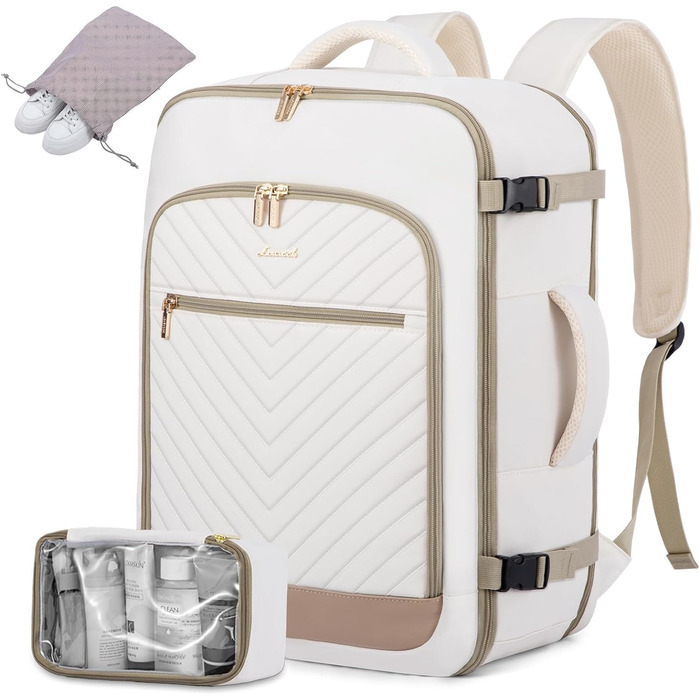 LOVEVOOK Рюкзак для ручної поклажі, 40L, жіночий, для подорожей, великий, водонепроникний, з відділенням для ноутбука 17 дюймів, валіза-рюкзак, для подорожей, роботи, бізнесу, білий, кофейний колір