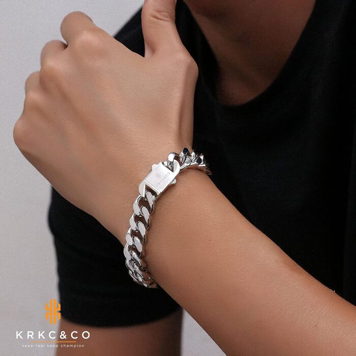 Чоловічий браслет KRKC&CO, кубинське плетиво, 18 мм, Miami Iced Out, кубинське панцерне з'єднання, 18-каратне золото, міцний, Urban Streetwear, браслет у стилі хіп-хоп для чоловіків (срібний, 12 мм, 22.9 см)