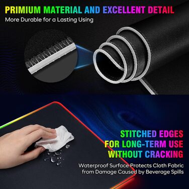 Килимок для миші гімнастичний Gimars RGB, XXL 800x300x5 мм, вологостійкий, з підсвічуванням 12 LED, чорний