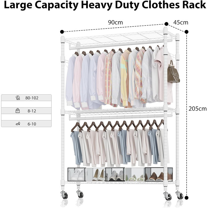 Double Clothes Rack/Garment Rod with Adjustable Shelves, Heavy-Duty Clothes Rack with 2 Hooks, Clothes Rack with Wheels, 90 * 42 * 205cm, White