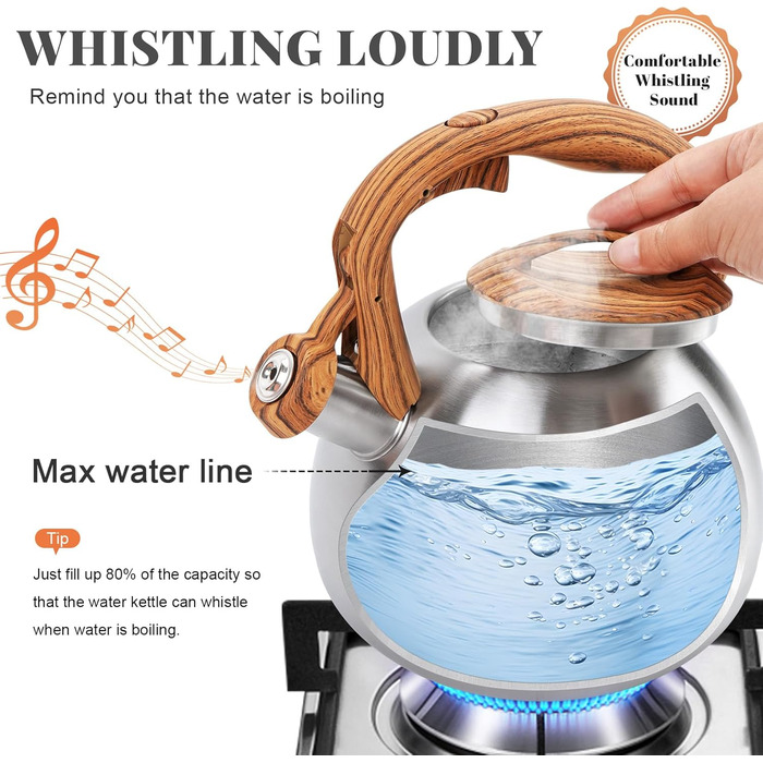 Чайник для плити GGC, 3.1 л, з свистком, нержавіюча сталь, з дерев'яною ручкою для дому та кухні
