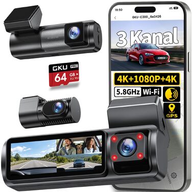 3-канальний автомобільний відеореєстратор GKU C300 4K+1080P+4K, передня, салонна та задня камери, 5.8G WiFi, чорний