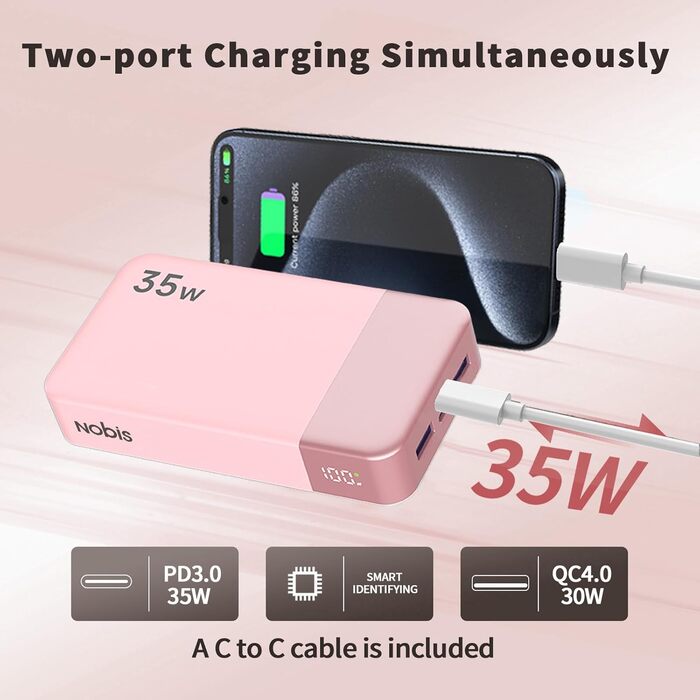 Power Bank NOBIS 20000mAh 35W з кабелем USB-C, рожевий | Портативний зарядний пристрій з цифровим дисплеєм