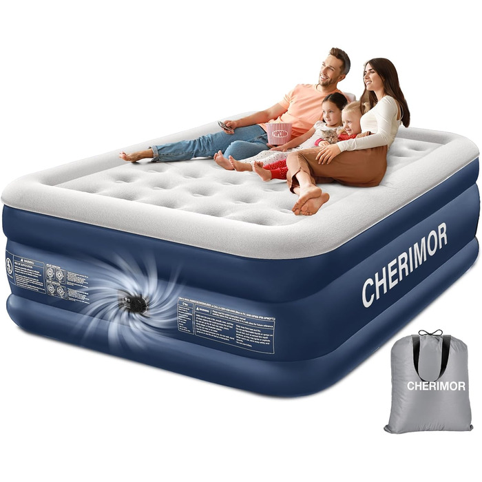 Надувне ліжко для двох осіб, самонадувна повітряна матрац для гостей з вбудованим насосом (3 хвилини), захист від проколів, надувна матрац для кемпінгу та дому, 203x152x46 см, максимальне навантаження 363 кг