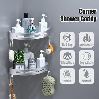 Поличка для душу без свердління, кутова поличка для ванної кімнати з алюмінію, трикутна корзина для душу з гачками, органайзер для шампуню, стійка до іржі (2 шт., піскоструминне золоте покриття) (Блискучий срібло)