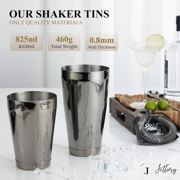 Boston Shaker Set – 10-Piece Stainless Steel Cocktail Shaker Set with Acrylic Base, Hawthorne Strainer, Ice Tongs, Bar Spoon, Jigger, Muddler – Perfect for the Home Bar (Black)
