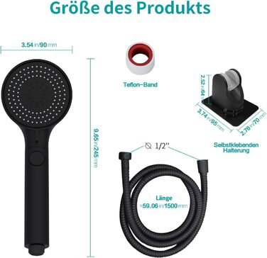 MIAOHUI Black Shower Head Water Pressure Booster, Handheld Shower with 3 Spray Patterns, Water-Saving High-Pressure Shower Head with Water Stop Function, Shower with Hose and Teflon Tape