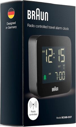 Braun Digital Travel Alarm Clock, Central European Time (CET) zone with snooze function, compact size, negative LC display, crescendo alarm in black, model BC08B-DCF.