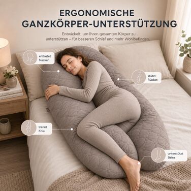 U-подібна подушка для вагітних та годування sei Design XXL, подушка для сну на боці для підтримки спини та стегон, колір taupe, стібана