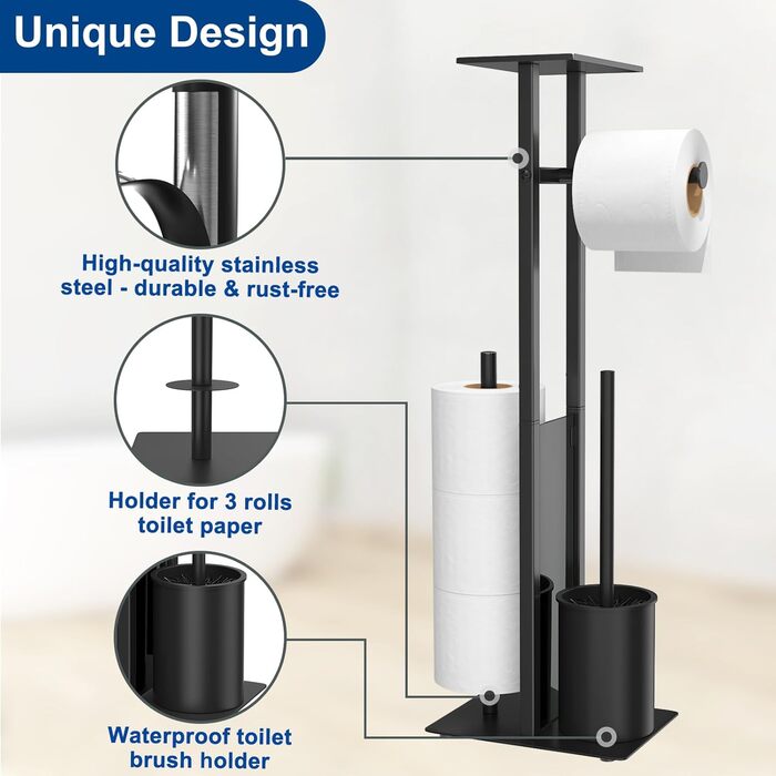 Stainless Steel Toilet Paper Holder with Brush - Standing Toilet Paper Roll Holder with Tray and Glass Shelf (Matte Black)