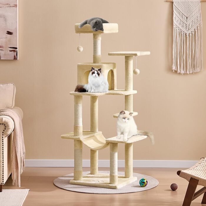 Кігтеточка для котів MSmask велика, багатоповерхова, з платформами, гамаком та сизалевими стовпчиками (бежева)
