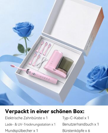 Електрична звукова зубна щітка JTF з УФ-дезінфекцією та сушінням, бездротова зарядка, 5 режимів чищення, 6 насадок, стаканчик, акумуляторна для дому та подорожей (Рожева)