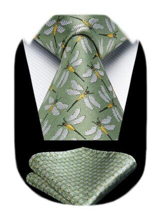 HISDERN Комплект краватки та нагрудного хустинки для чоловіків: зелено-жовтий принт, класичний стиль, для весілля та ділових зустрічей