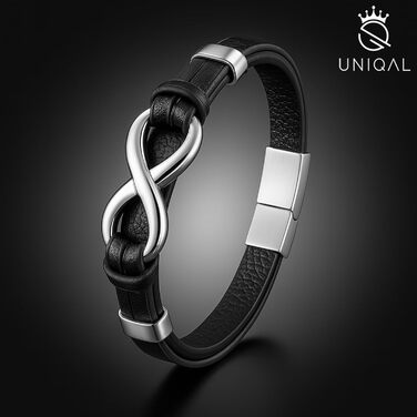 Браслет шкіряний чоловічий UNIQAL Infinity з нержавіючої сталі та натуральної шкіри коричневого кольору (срібний, 23 см) + подарункова коробка