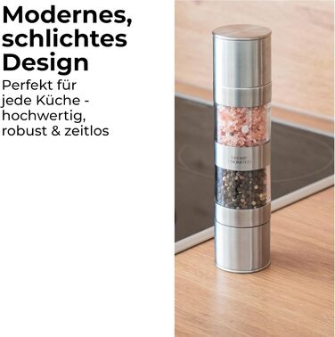 Мельниця для солі та перцю 2-в-1 з нержавіючої сталі | Ручна мельниця для спецій з керамічним жорном та регульованим ступенем помелу