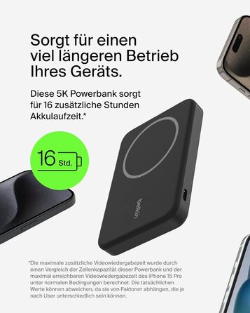 Belkin BoostCharge Pro Powerbank 5000mAh з Qi2 та MagSafe, чорний. Портативний зарядний пристрій з вбудованим підсвіткою, сумісний з iPhone 17, iPhone Air, iPhone 16, 15, 14, Pixel та ін.