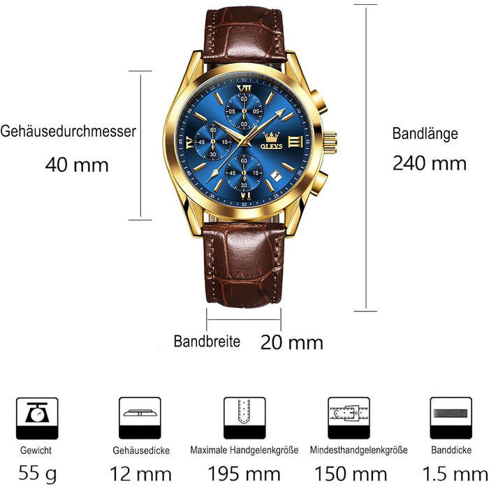 Чоловічий годинник OLEVS Vintage з шкіряним ремінцем, велике циферблат, водостійкий, аналоговий годинник з датою (2872, блакитний циферблат/коричневий ремінець)