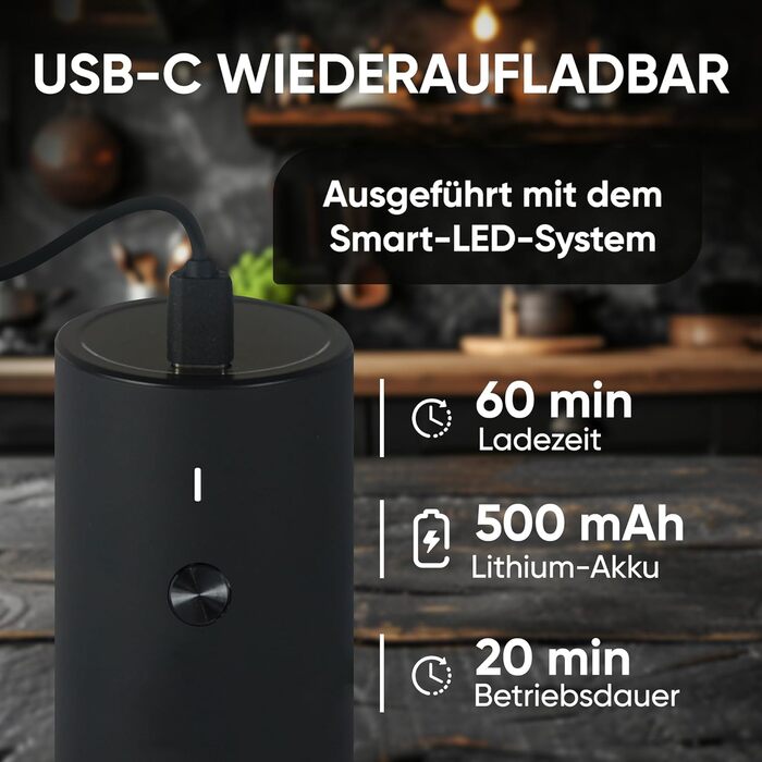 GOV Electric Pepper and Salt Grinder Set - 45 ml Black Edition - USB-C Rechargeable - 6 Adjustable Grind Sizes - Stylish Black Stainless Steel Design with LED Lamp