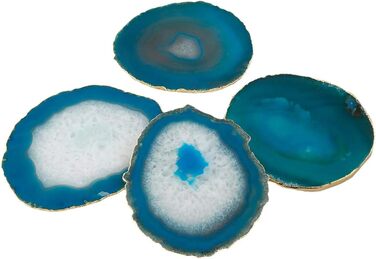 mookaitedecor Polished Natural Geode Agate Slices Coasters Set (2 Pieces), Decorative Stone Coasters for Glasses, Cups, Vases, Candles, Serving Plates, Name Cards for Wedding (Blue-Gold Rimmed)