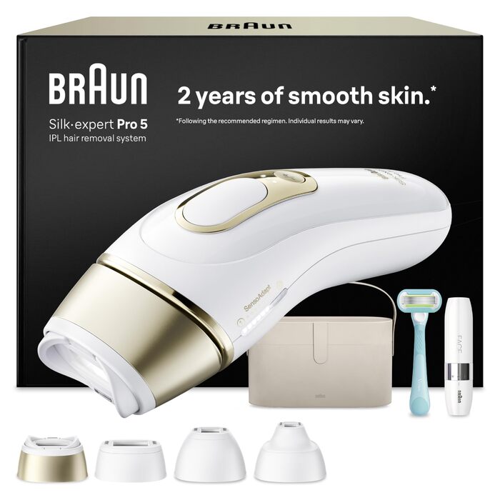 Braun Silk·expert Pro 5 IPL епілятор для безболісної епіляції вдома – білий/золотий (PL5442) + чохол, бритва Gillette Venus та 4 насадки. Зроблено в Німеччині