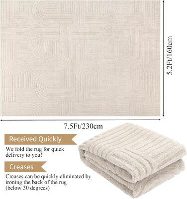 Килим для вітальні 160x230 см, великий пухнастий з коротким ворсом, миючий, сучасний, з 3D ефектом, неслизький, для їдальні, кухні, спальні, бежевий