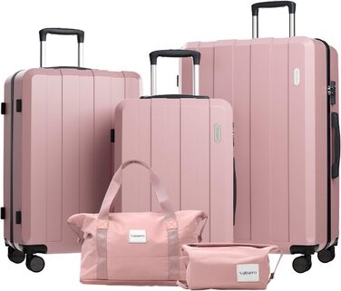 Набір валіз, багажний набір, роликові валізи, дорожній набір валіз 5шт, ABS пластик, TSA замок, містить 1 сумку та 1 косметичку, 4 колеса, телескопічна ручка з алюмінію (рожеве золото)