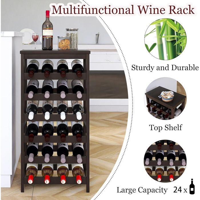 24-Bottle Wine Rack Freestanding Floor, 6-Tier Wine Display Storage Shelves with Tabletop, Bamboo Wine Bottle Holder Stand with Wave Bars for Kitchen, Dining Room, Pantry, Black