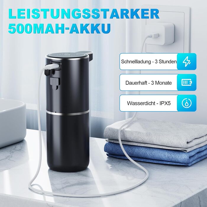 Amzavls Soap Dispenser Automatic, 380ml Wall Mount Touchless Electric Soap Dispenser with Sensor, USB Rechargeable Foam Soap Dispenser for Bathroom, Kitchen, Office Black