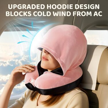 Подушка для шиї Mewaii з капюшоном, двостороння, для дітей та дорослих, милий дизайн котика, захист приватності, м'яка піна Memory Foam, подушка для подорожей на літаку та в авто (Рожева)