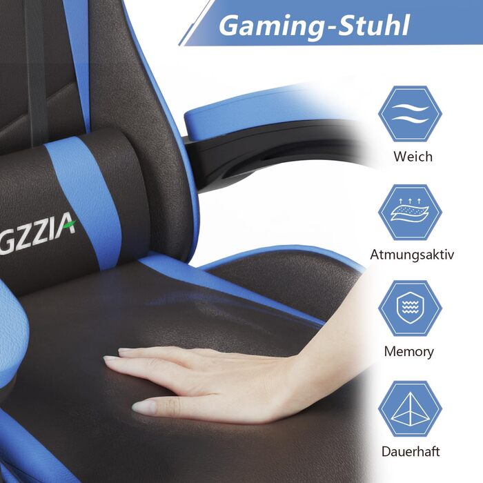 Геймерське крісло Racingreat Ergonomic: регульоване, з підголівником, PU-шкіра, для підлітків та дорослих, блакитне