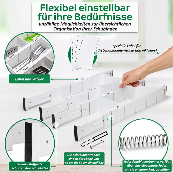 Drawer Dividers (43-56 cm) - Bamboo Drawer Organizer, Spring-loaded - Drawer Dividers for Kitchen, Bedroom, Bathroom, Bedroom, Desk & Craft Table (White)