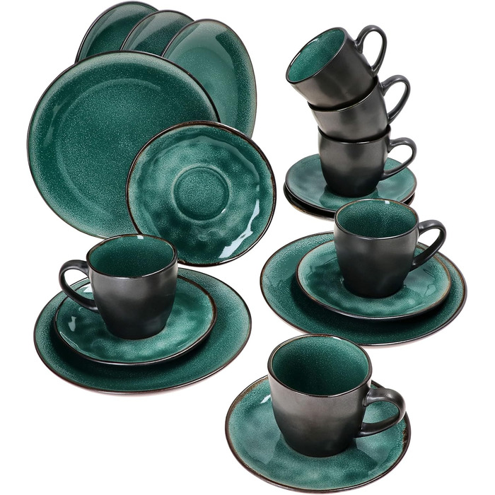Кавовий сервіс MamboCat Reactive Glaze Green 18 предметів на 6 осіб м'ятного кольору | Столовий посуд з каменної глини з мідним декором