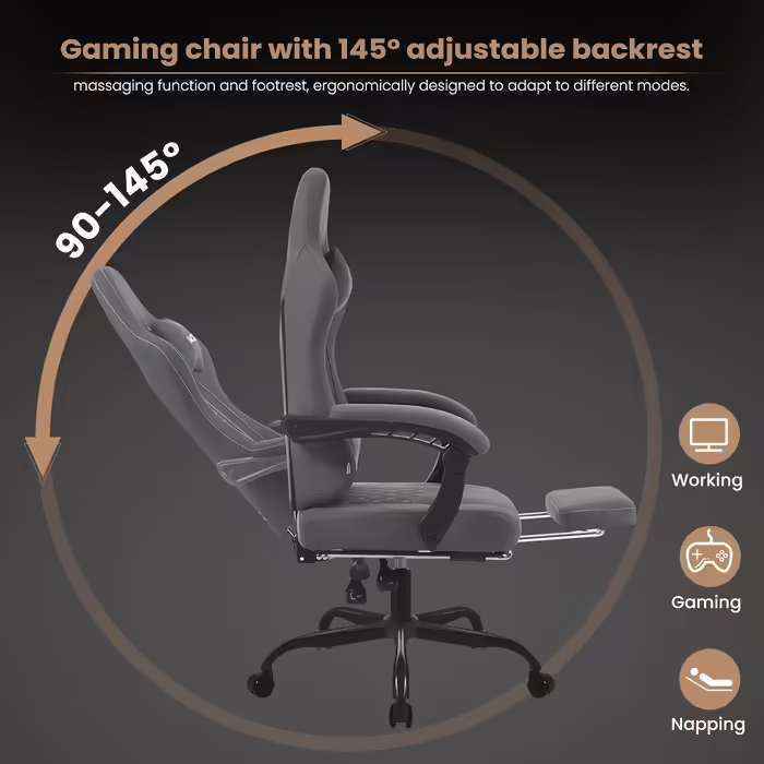 WOLTU Gaming Chair with Massage Function, Computer Chair with Pocket Spring Cushion, Ergonomic Gamer Recliner, Swivel Chair with Headrest, Lumbar Pillow, Footrest, 150 kg, Tech Fabric, Grey + Yellow, GS07gr Grey Tech Fabric