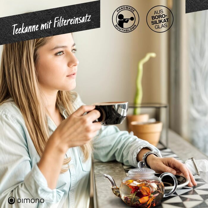 Скляний чайник Dimono з фільтром для заварювання чаю, об'єм 1500 мл (600 мл), ручна робота