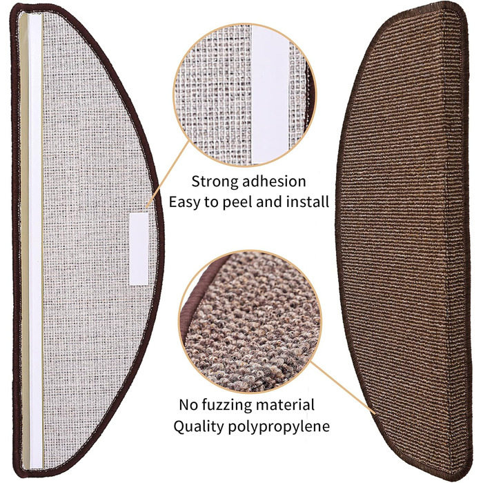 Anti-Slip Stair Treads - 15 Piece Set - 22x65 cm - Adhesive, Non-Slip Carpet for Wooden Stairs - Beige-Brown