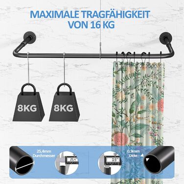 Регульована душова штанга U-подібної/L-подібної форми, 60-92 x 78-196 x 60-92 см, з 12 кільцями для шторки та підпоркою для стелі, чорна. Підходить для ванни/ванної кімнати. Потрібне свердловий монтаж.