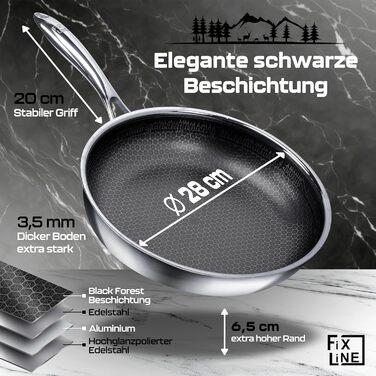 FIXLINE Black Forest Non-Stick Frying Pan - 28cm - Red Design - PTFE-Free - Compatible with All Cooktops (including Induction) - Oven Safe up to 250°C - Easy Cleaning - Ideal Gift