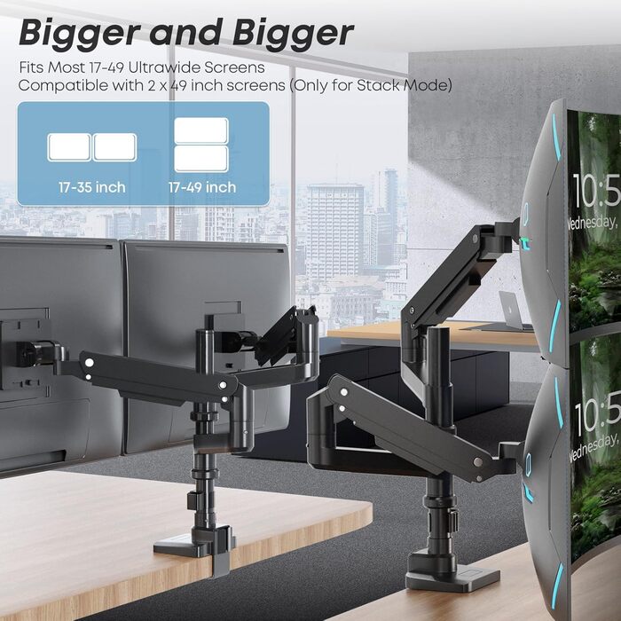Підставка для монітора PUTORSEN для 2 моніторів, 17-49 дюймів, газ-амортизатор, регулювання висоти, поворот, VESA 75/100mm, чорний