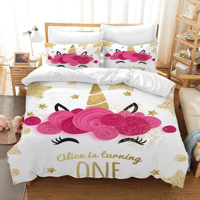 LLTTEER Unicorn Bedding Set for Kids Girls, 3D Printed Unicorn Cartoon Bedspread, Soft Microfiber Duvet Cover with 2 Pillowcases 50x75cm for Girls (Unicorn 04, 200 x 200 cm)