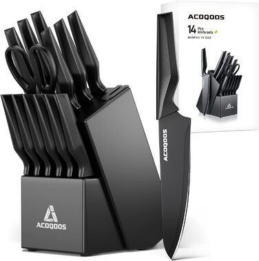 ACOQOOS 14-Piece Knife Set with Block and Sharpener - Professional Kitchen Knife Set, Black