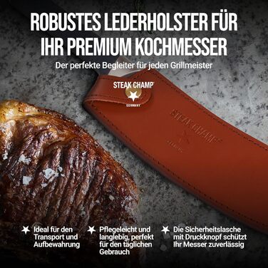 Ніж для стейків Steakchamp 22 см для кухні та BBQ, сталь високої якості, ручне заточування, з антиковзкою ручкою, чохол зі шкіри